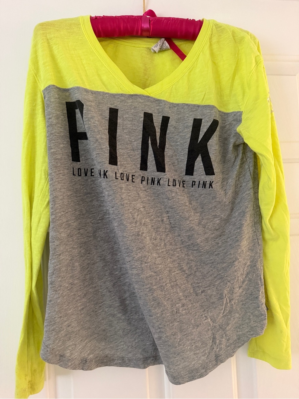 PINK Victoria's Secret Girls' Neon Yellow & Gray Long-Sleeve Top